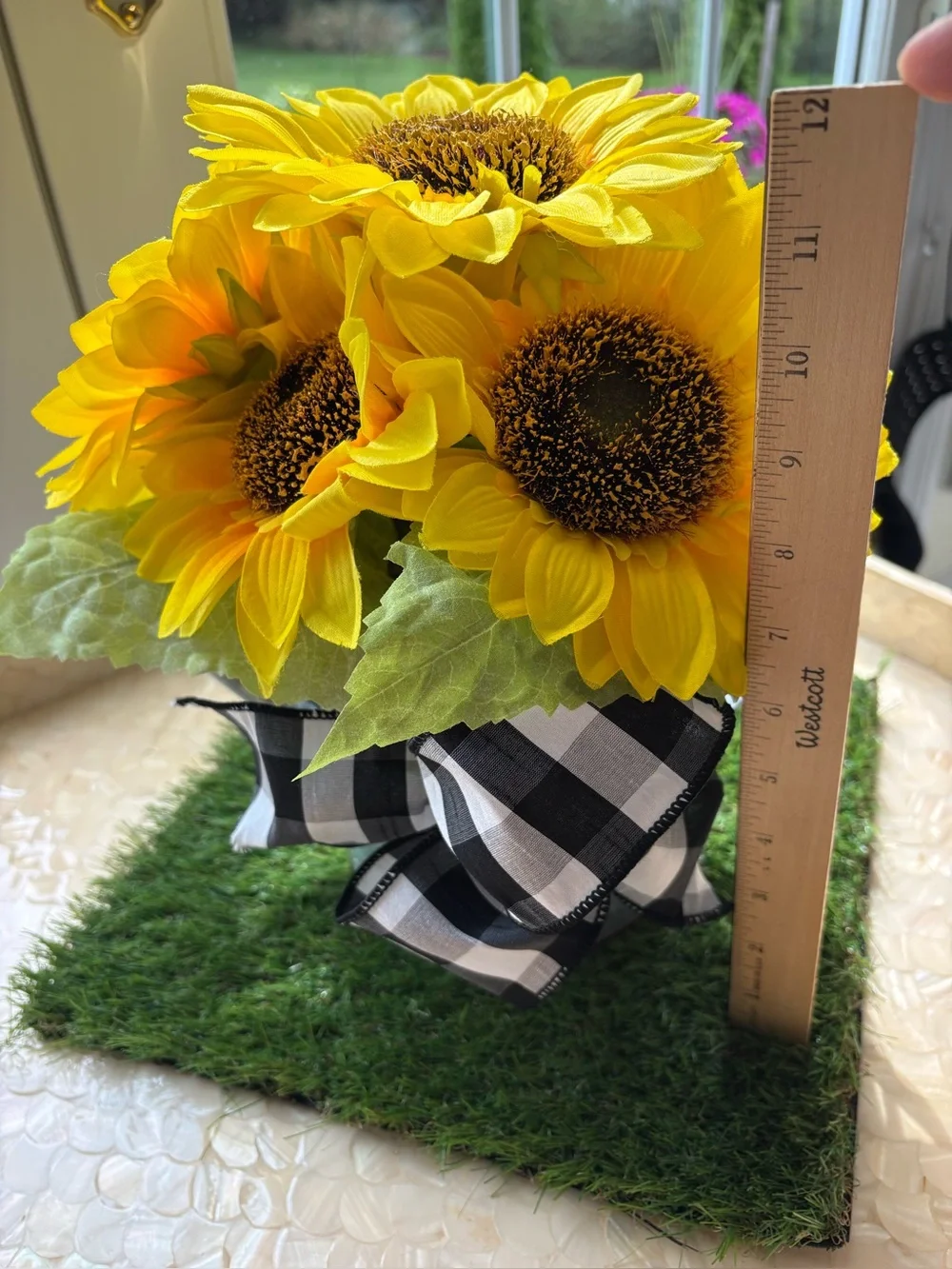 Yellow Sunflower Bouquet with Buffalo Check Ribbon in Tin Watering Can